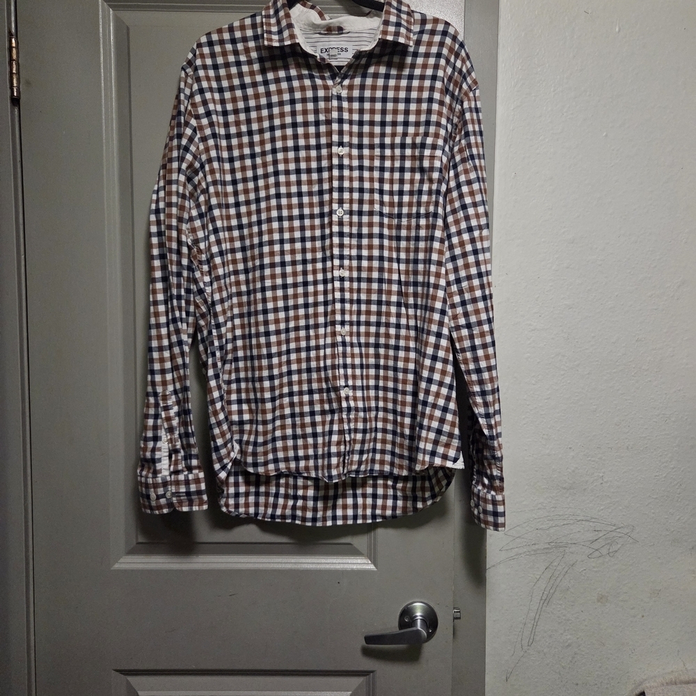 Express Men's Checkered Shirt - Brown, Blue, White